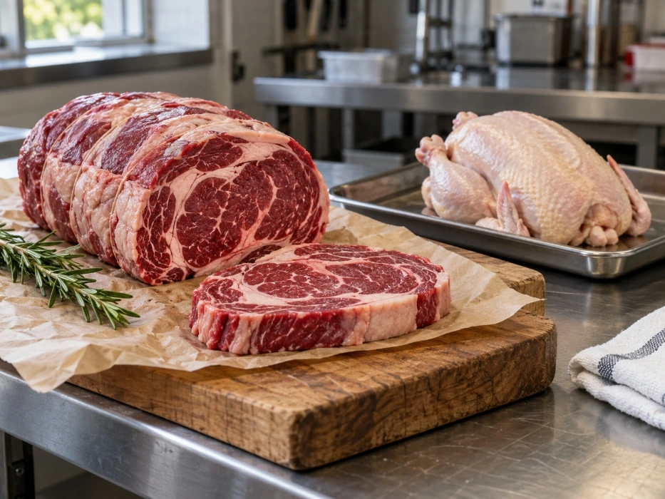 Beef rib roast and free-range poultry prepared in a professional kitchen