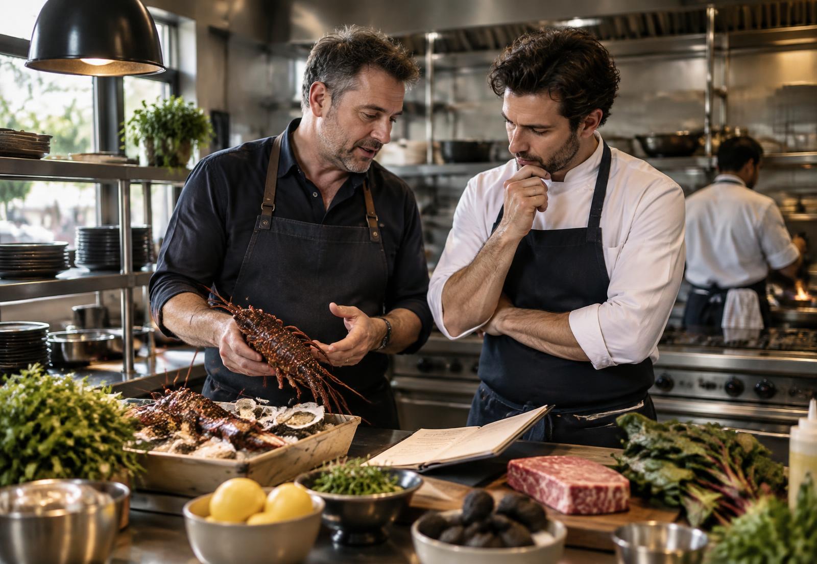 Hospitality professionals discussing produce and a menu in a working kitchen